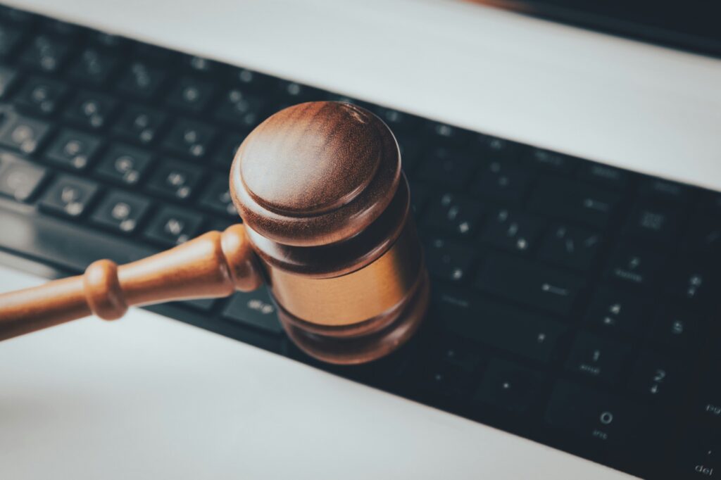 A gavel on a laptop